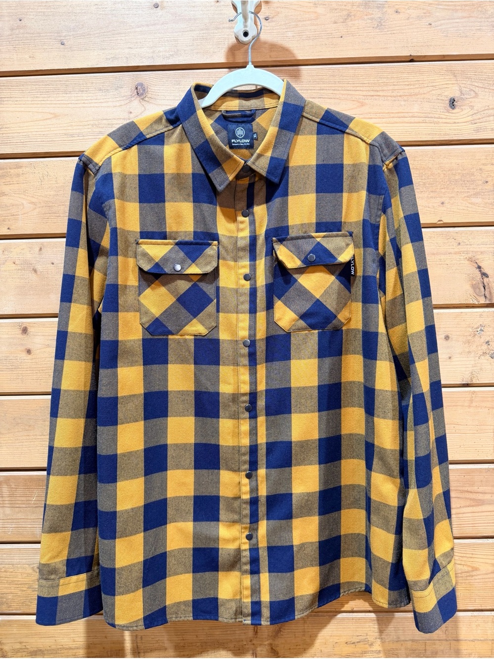 Flylow Handlebar Tech Flannel Men’s XL Mustard Navy Plaid Snap Outdoor Shirt